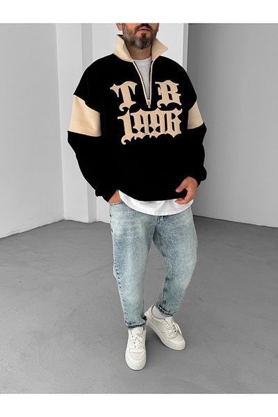BYBASICMAN 1998 Model Embroidered Black Sweatshirt - Half Zipper Jj-97