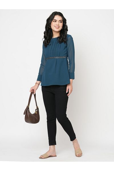 Mish By Styli Pleated Round Neck Top with Embellished Waist