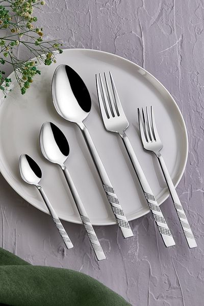 Kısmet Zagori 30 Piece Boxed Patterned 6 Person Steel Flat Fork Spoon Set Set