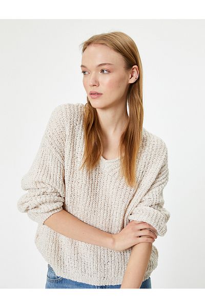 Koton V-Neck Knitwear Sweater - Long Sleeve, Acrylic Blended