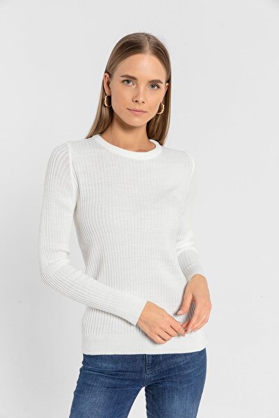 Miss Poem Women's Crew Neck Long Sleeve Winter Ecru Knitwear Sweater