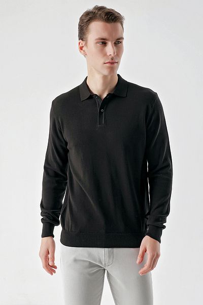 Morven Μαύρο Basic Dynamic Fit Relaxed Cut Polo λαιμόκοψη Πλεκτό πουλόβερ με ΚΟΥΤΙ ΔΩρου