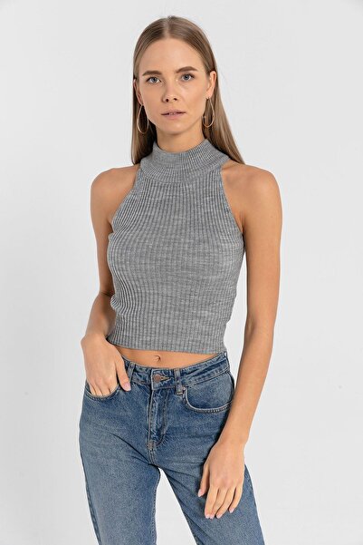 Miss Poem Women's Turtleneck Turtleneck Sleeveless Short Light Blue Knitwear Crop