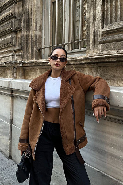 ASEDE Παλτό Biker Oversize με Nubuck εξωτερικά, βελούδινο εσωτερικά και δερμάτινη λεπτομέρεια