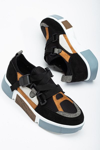 Dilimler Ayakkabı Black Suede Women's Sports Shoes - Multicolored and Thick Sole