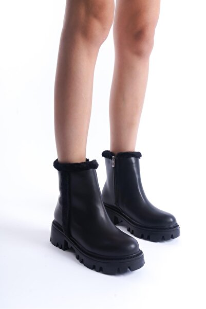 CZ London Kadın Fermuarlı Günlük Bot Kalın Tırtık Taban Kürk Detaylı Kışlık Ayakkabı