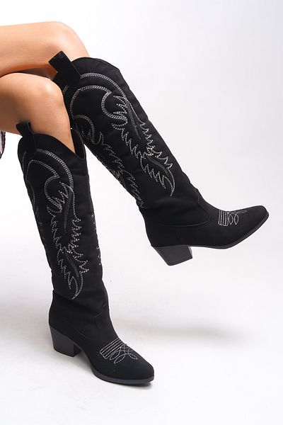 Riccon Zreidira Black Suede Γυναικείες Μπότες Western - Κεντημένες, Μοντέλο 001290