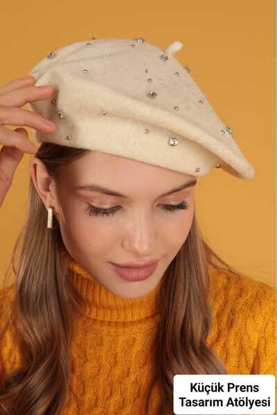 Yağmur Şapka Taşlı Ressam Kep Kışlık Beyaz Krem Rengi Dış Giyim Yünlü Sevgililer Günü Hediye