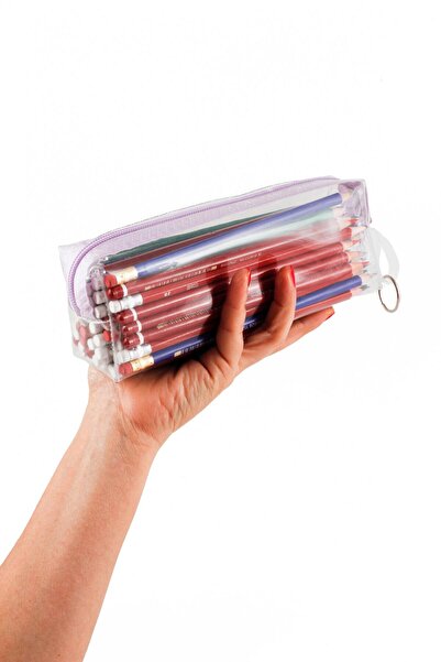 BYBAG Mor Fermuarlı Kaliteli PVC Şeffaf Kalemlik Makyaj Çantası Kalem Kutusu