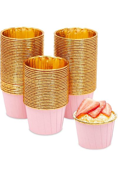 Zanzibar 25 Pcs Pink Gold Metallic Muffin Cake Mold Shiny Gold Cupcake Capsule Muffin Mold 6.5X4 cm