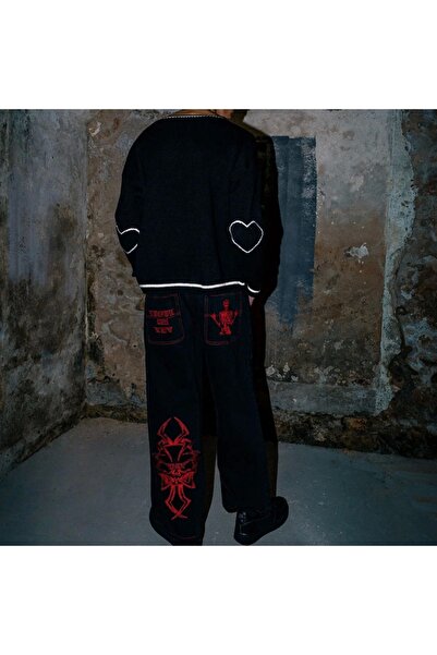 Violon Siyah Skeleton Heaven Can Wait Streetwear Gri Double Fire Skull Streetwear Yıkamalı Jean Pantolon