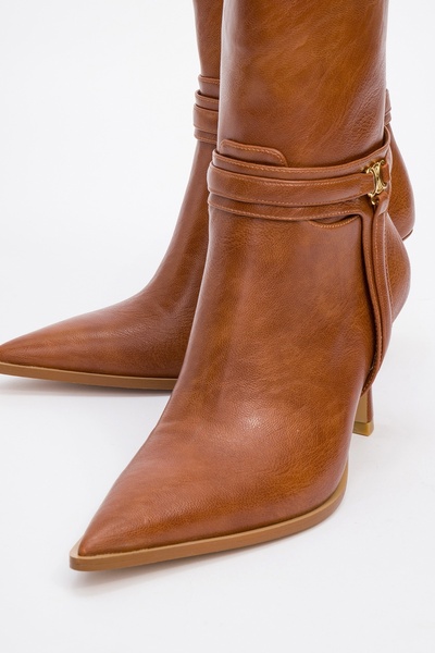 LuviShoes Dámské kozačky na podpatku Berton Tan Skin na zip se špičatou špičkou