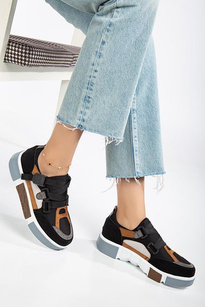 Dilimler Ayakkabı Black Suede Women's Sports Shoes - Multicolored and Thick Sole