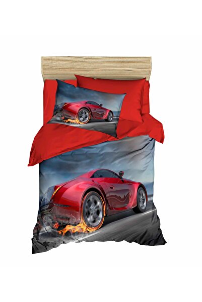 Fabeteks Red Car Asphalt Burning Single Young Duvet Cover Set