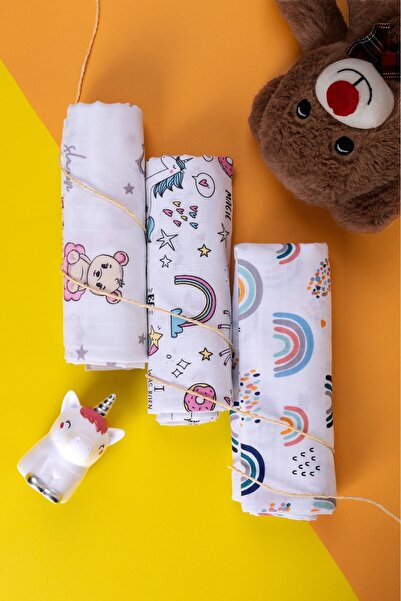 Messev Group Çok Amaçlı Müslin Örtü & Battaniye 3'lü Set %100 Pamuk 80x80 Cm