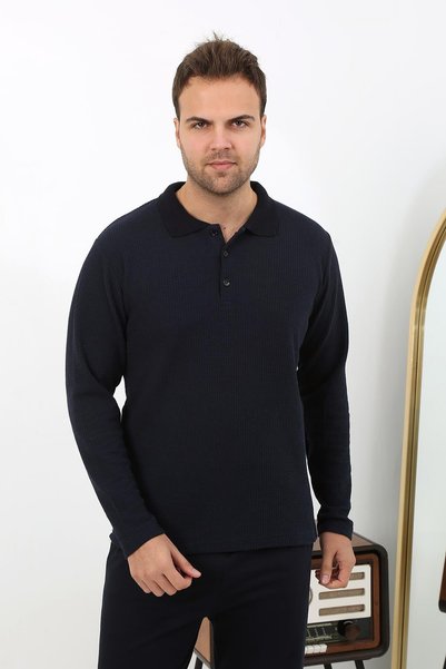 Mestore Fashion Stripe Men's Polo Collar Long Sleeve Combed Cotton Pajama Set...