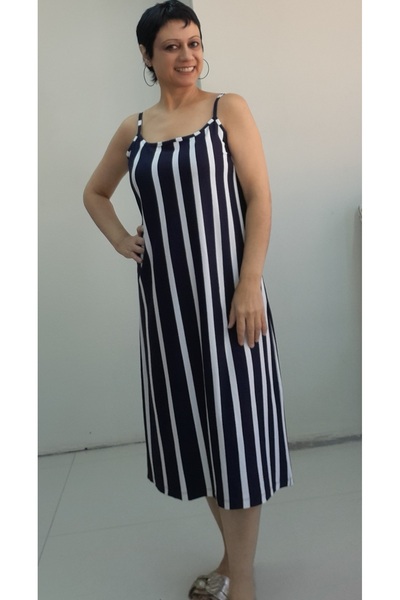 Mertcan Butik Μπλε μπλε λευκό ριγέ φόρεμα βισκόζης με λουράκι