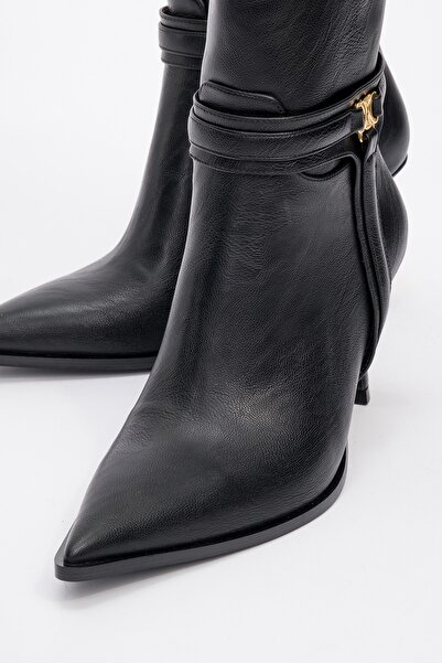 LuviShoes BERTON Siyah Cilt Fermuarlı Sivri Burun Kadın Topuklu Bot