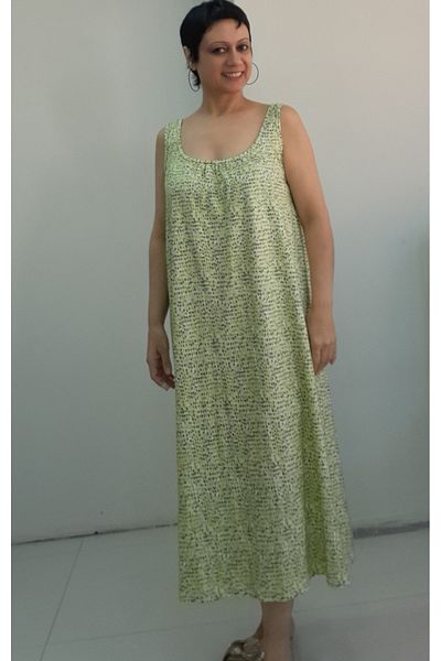 Mertcan Butik Yellow Green Printed Front and Back Drawstring Combed Cotton Viscose Dress