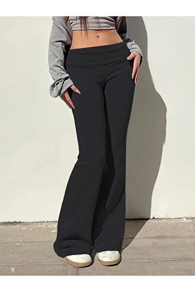 mlio Siyah İspanyol paça pantolon flare pantalon beli lastikli