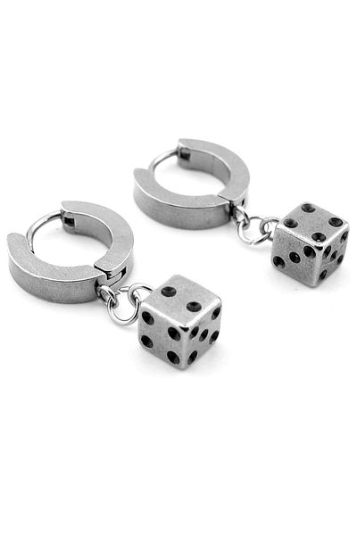 Solfera Silver Colored Dice Shaped Dangle Steel Hoop Women's Men's Earrings Er125