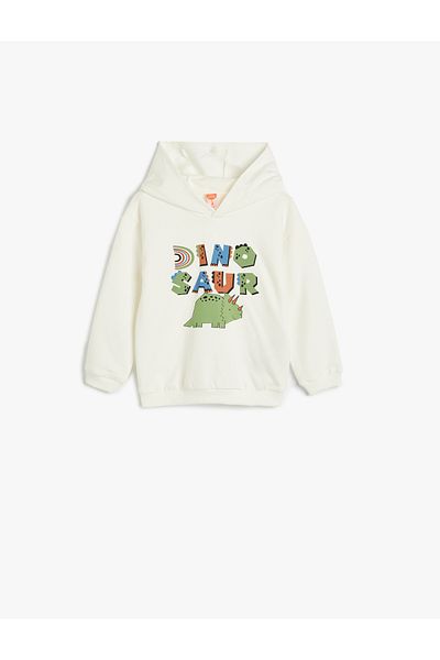 Koton Dinosaur Printed Hooded Cotton Sweatshirt - Long Sleeve, Crew Neck