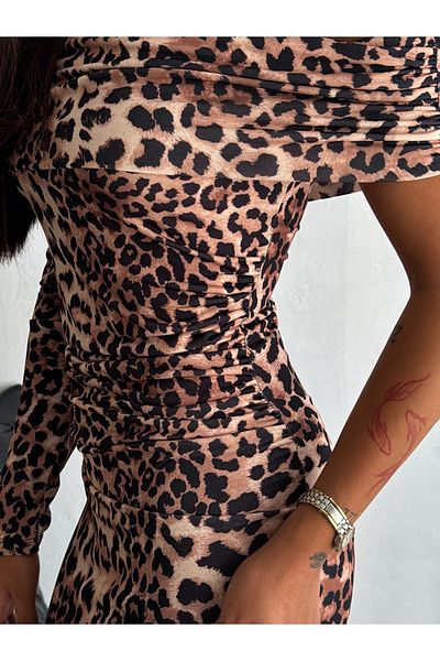 Elaxi Μακρύ φόρεμα Sandy Fabric One Shoulder Leopard με σχέδιο