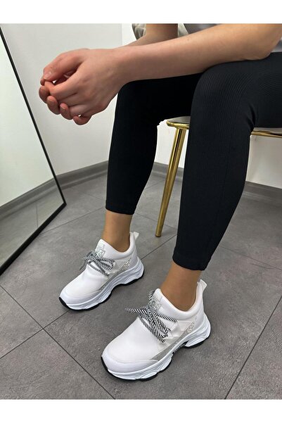 ERVANIN BUTİĞİ White Knitwear (Odette) Women's Hidden Heeled Lace-up Sneakers