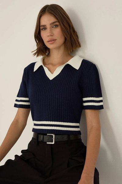 Hiccup Top tricotat cu guler color block