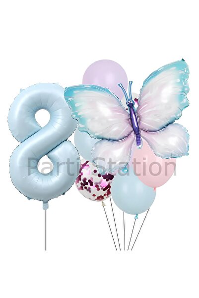 Parti Station Pembe Mavi Kelebek 8 Yaş Balon Set Kelebek Konsept Doğum Günü B...