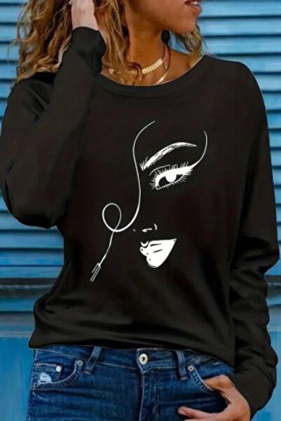 Mossta Μπλούζα από βισκόζη με σχέδιο προσώπου με λαιμόκοψη μαύρη