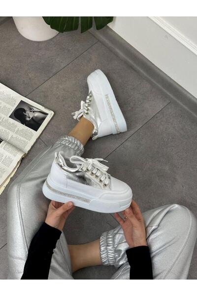 ERVANIN BUTİĞİ Gümüş Beyaz (Miles) Taş Detay Yüksek Taban Bağcıklı Sneakers