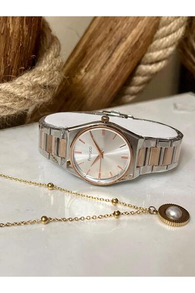 Ferrucci Silver&Rose Çelik Klasik Model Kadın Kol Saati+%100 Çelik İncili Kolye