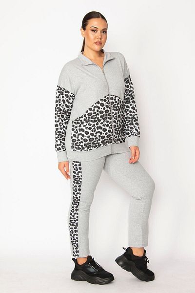 Şans Women's Large Size Gray Front Zipper Garni Detailed Sweatshirt Trousers Set 65n28705