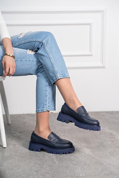 FS KOMBİN COLLECTİON Moena Lacivert Hakiki Deri Kadın Loafer Ayakkabı