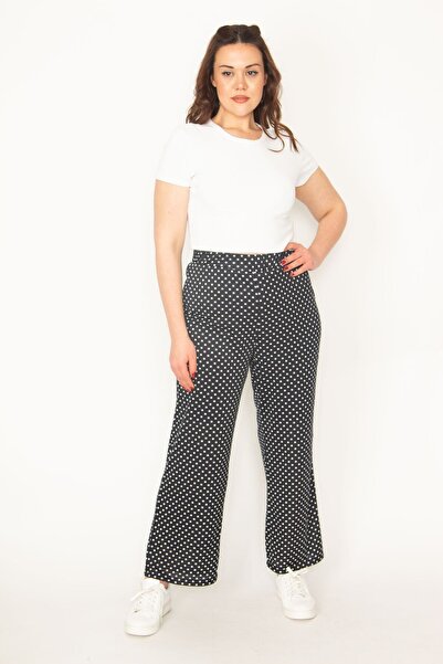 Şans Women's Large Size Navy Blue Half Lined Elastic Waist Point Patterned Trousers 65n32719