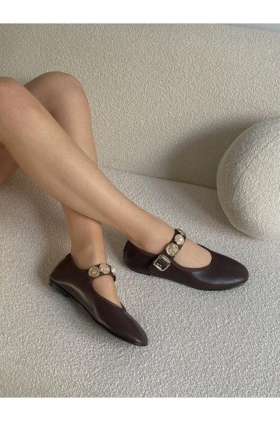 ERVANIN BUTİĞİ Brown Leather (Rex) Buckle Detail Women's Ballerinas