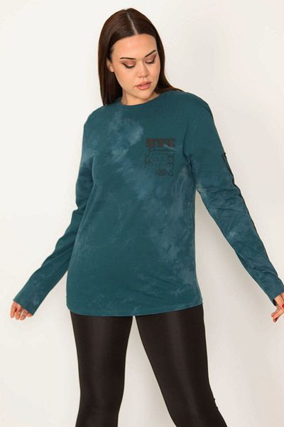 Şans Women's Plus Size Petrol Cotton Fabric Tie-Dye Patterned Long Sleeve Blouse 65n32242