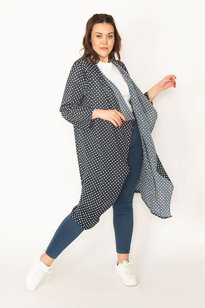 Şans Women's Large Size Navy Blue Polka Dot Patterned Crepe Cardigan 65n32723