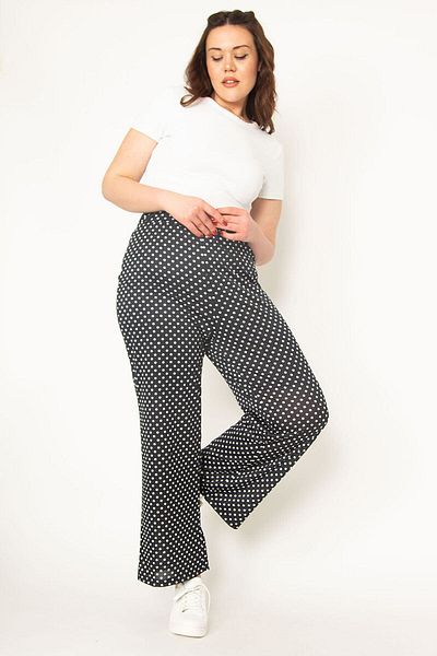 Şans Women's Large Size Navy Blue Half Lined Elastic Waist Point Patterned Trousers 65n32719
