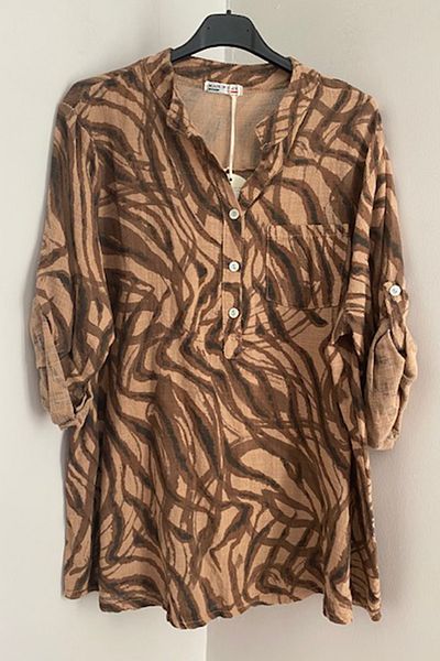 AYASOFYA OTANTIK Γυναικεία μπλούζα Italian Cappucino Zebra Pattern Tie-dye - Λεπτομέρεια με κουμπί, πτυσσόμενο μανίκι, πουκάμισο από 100% βαμβάκι