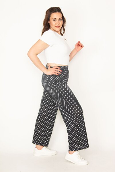 Şans Women's Large Size Navy Blue Half Lined Elastic Waist Point Patterned Trousers 65n32719