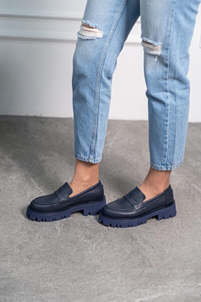 FS KOMBİN COLLECTİON Moena Lacivert Hakiki Deri Kadın Loafer Ayakkabı