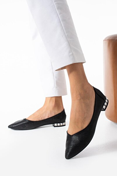 PARİS Kadın Siyah Topuk Taş Detaylı Babet