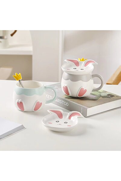 Livava Tavşan Kapaklı Porselen Kupa, Mavi, 13x10