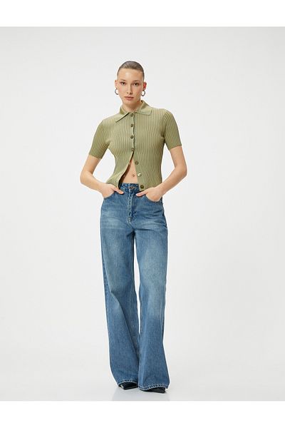 Koton Polo Neck Sweater Knitwear Ribbed Buttoned Short Sleeve Viscose