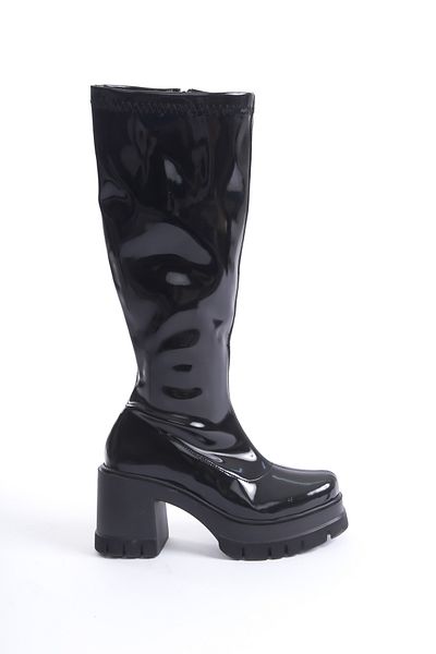 MARSEDO Emilly Black Patent Leather - Γυναικείες μπότες με χοντρό τακούνι με φερμουάρ