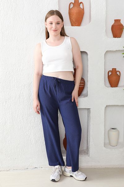 AKAL TEKSTİL Women's Elastic Waist Burmek Gofret Trousers