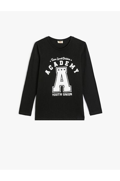 Koton Tricou pentru colegiu, cu mânecă lungă, decolteu, bumbac imprimat