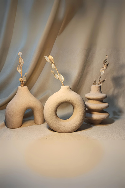 waimai 3'lü Minimal Dokulu Vazo Seti Dekoratif Vazo Seti Parçacık Dokulu Krem...